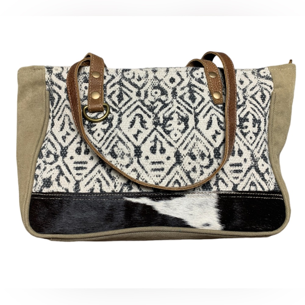 Myra Bag Canvas Leather Cowhide Geometric Shoulder Bag Tote Neutral Boho